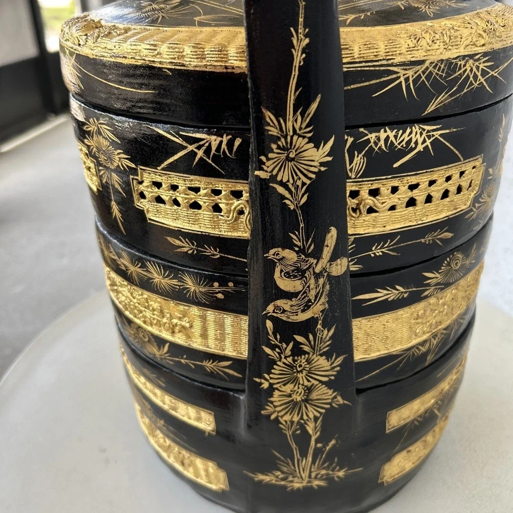 Large VTG Chinese‎ Wedding Basket 3 Tier Black Gold Lacquer Asian Decor